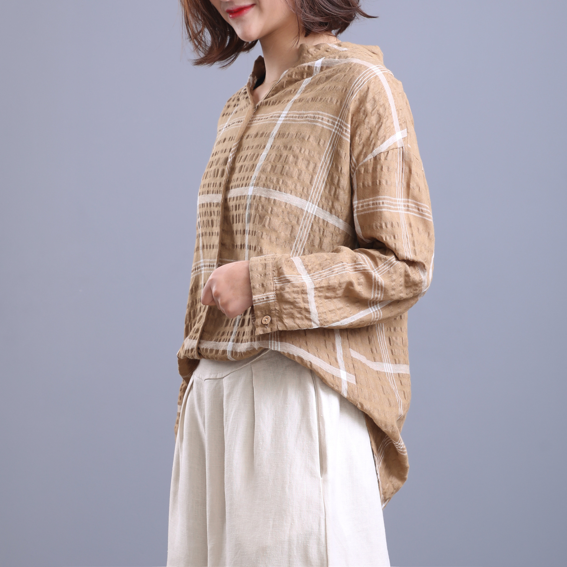 亚麻 主面料成分的含量 51%-70% 风格 文艺 图案 格纹 款式 套头 袖长