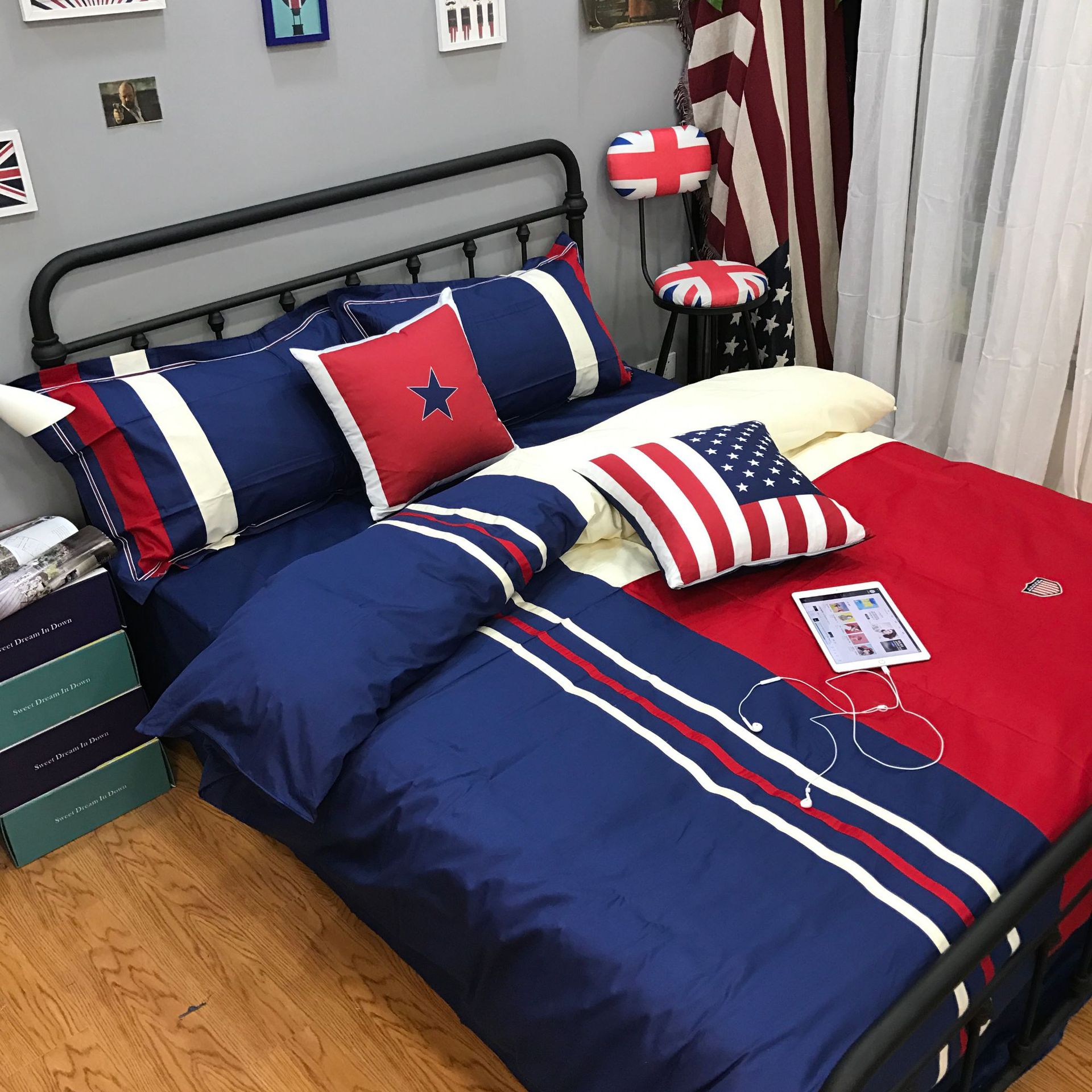 纯棉欧美式英伦风蓝色简约男孩全棉床单被套四件套地中海纯棉床上