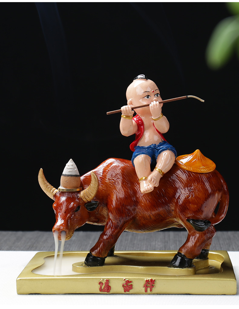 厂家直销秋冬新款创意倒流香线香牧童骑牛精美套装摆件支持代发