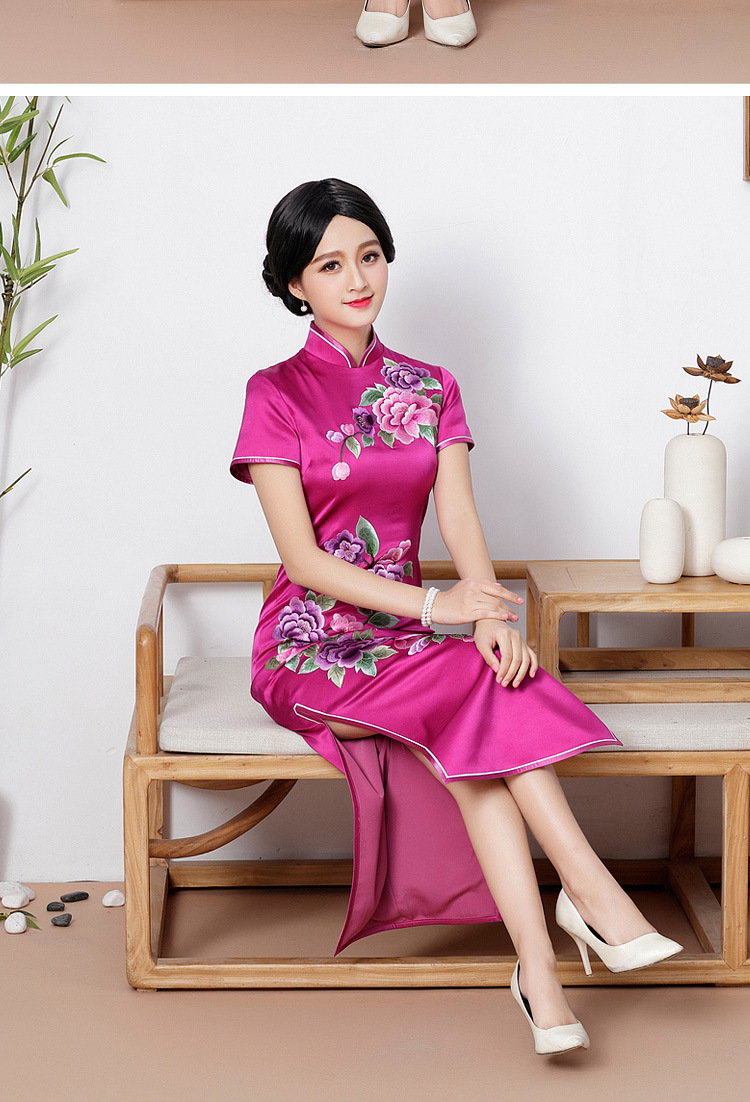 倾城粉黛高端定制新款改良时尚真丝中长款旗袍裙日常复古女士修