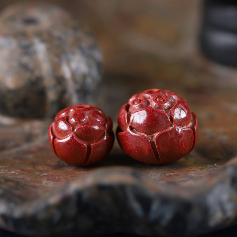 天然丹砂朱砂莲花散珠 手工雕刻朱砂莲子心正气 佛珠配件