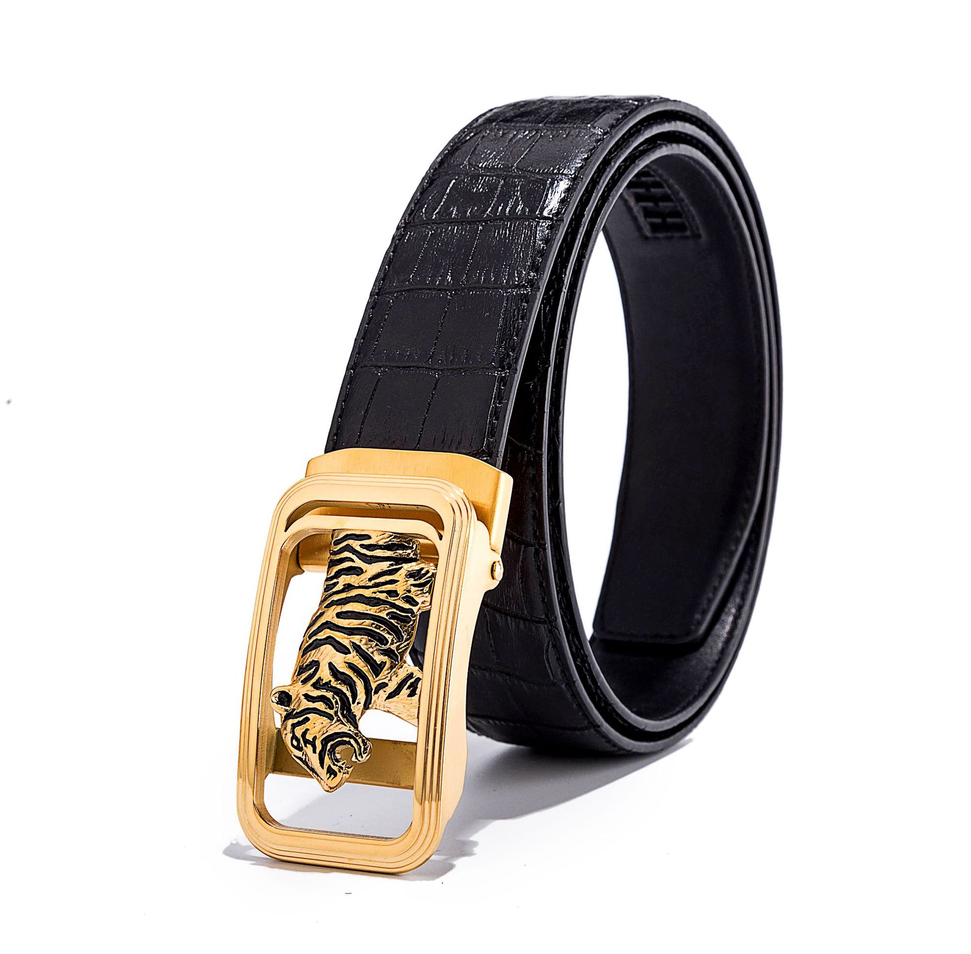 男士钢扣头真皮腰带 高端品质 原版鳄鱼纹进口头层牛皮自动扣皮带