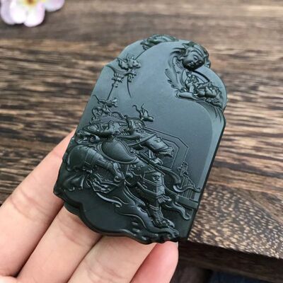 和田玉青海山料格尔木黑青玉细料精工制作关公关财神武帝吊坠挂件