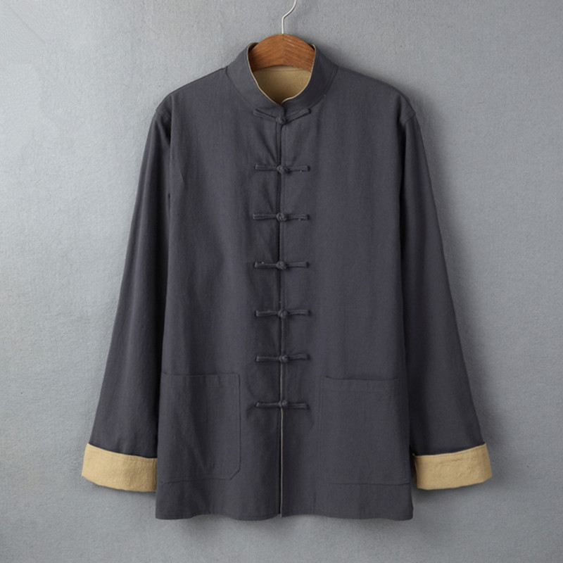 中国风秋冬新品纯棉老粗布唐装外套男士长袖上衣双面穿中式夹克男