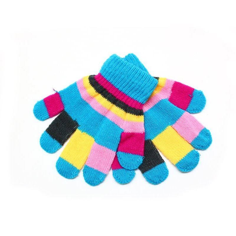 针织小孩彩色条纹男女小学生手套 全指手套冬季保暖分指五指手套
