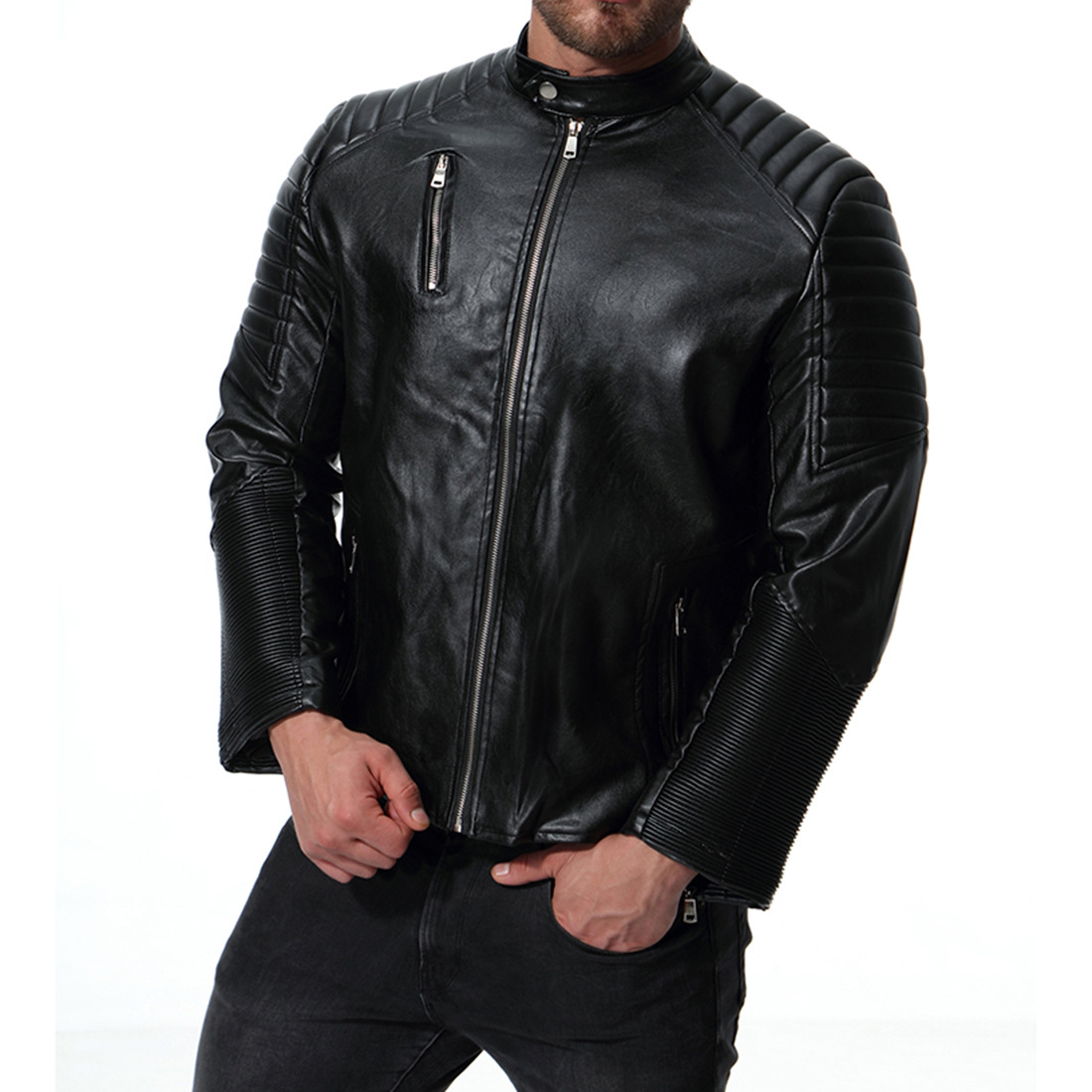 【欧码】18秋季朋克男装机车多拉链皮衣摩托皮衣夹克外套 xb032