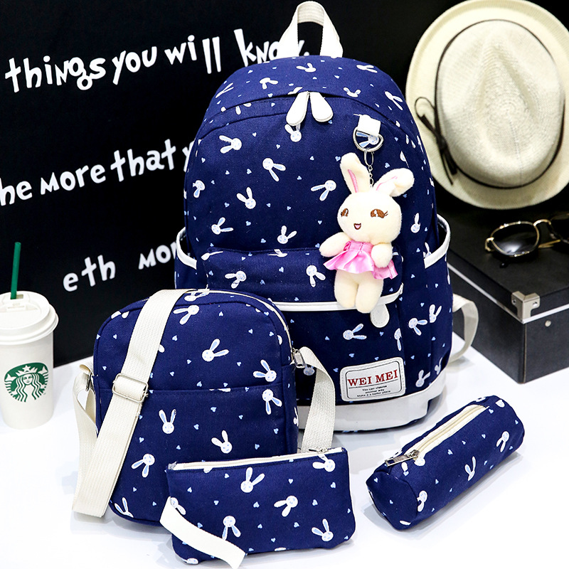 New Canvas Printed Backpack Women's Large Capacity High School Students Schoolbag Composite Bags 4-Piece Travel Bag