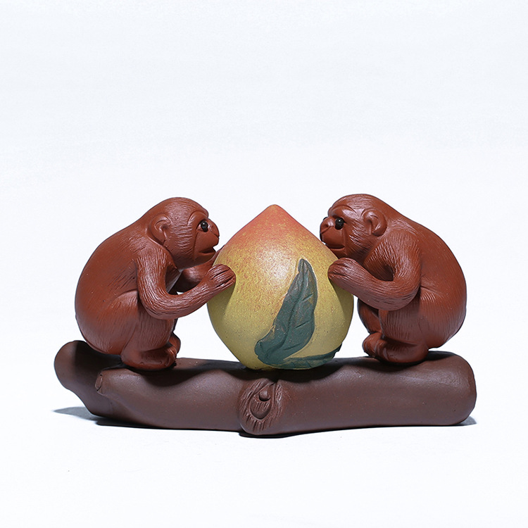 百信紫砂茶宠雕塑摆件宜兴厂家批发手工礼品定制猴子寿桃有福同享