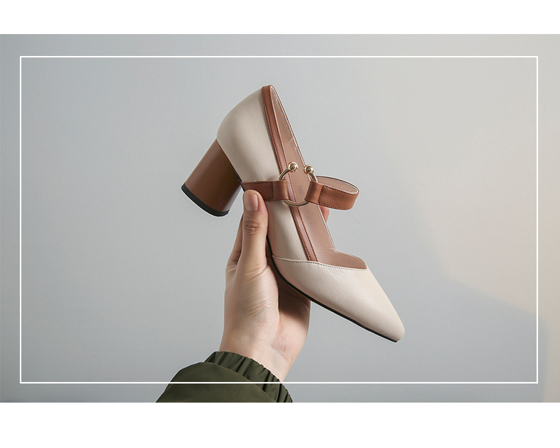 旭尔康拉带鞋女单鞋裸色真皮百搭中跟瓢鞋女纯皮粗跟带带女鞋皮鞋