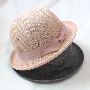 新款帽子女士夏季卷边蝴蝶结草编圆顶礼帽凉帽新款韩版时尚纯色礼