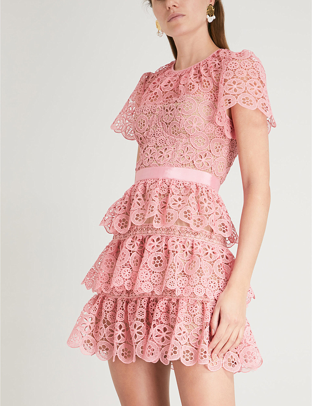 2018夏季新款sp第18季度新款 圆领粉色蕾丝修身蛋糕短袖连衣裙