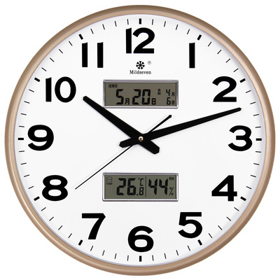 圆形日历大挂钟家庭石英钟静音钟表双日历带温度办公