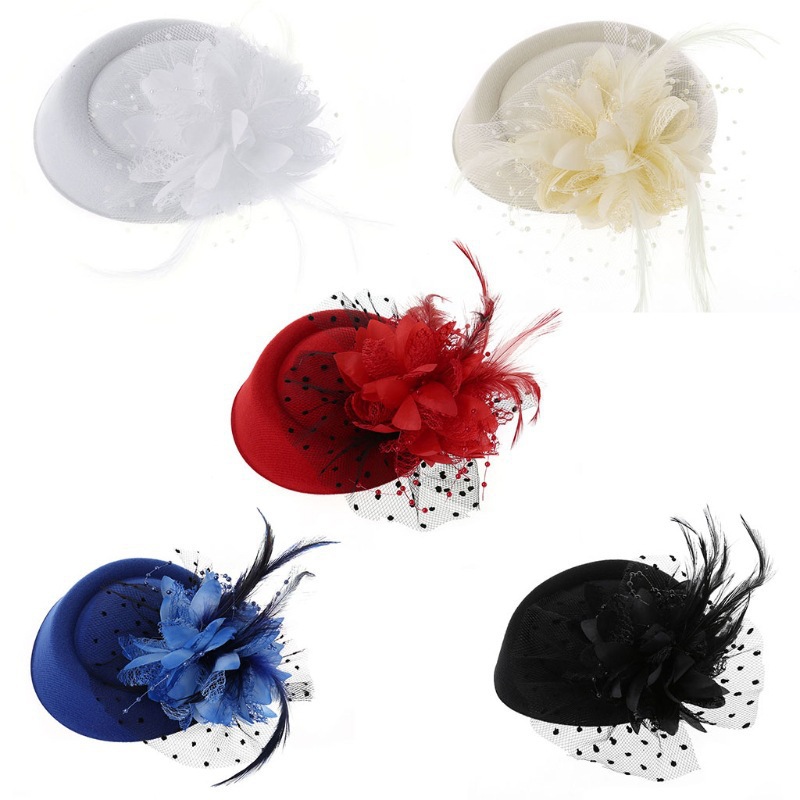 Retro Faux Wool Top Hat Pearl Feather Flower Barrettes Black Dots Large Veil Headdress