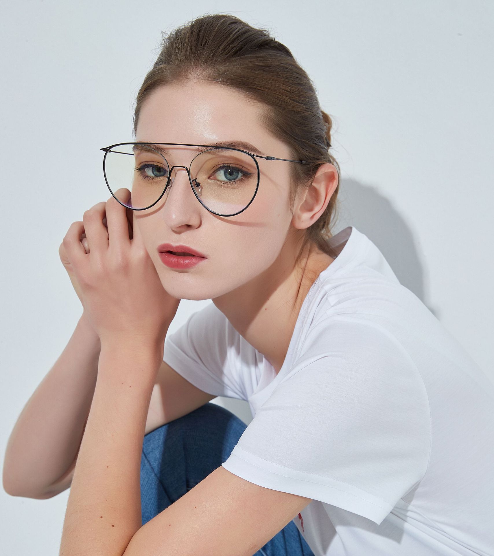 b085大框金属复古正圆形眼镜大脸半框大平光镜女欧美模特眼镜