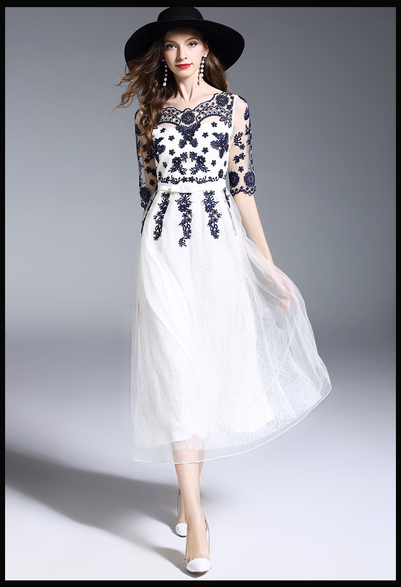 品质高端货网纱绣花钉珠连衣裙chic长裙女夏温柔裙超仙大摆连衣裙