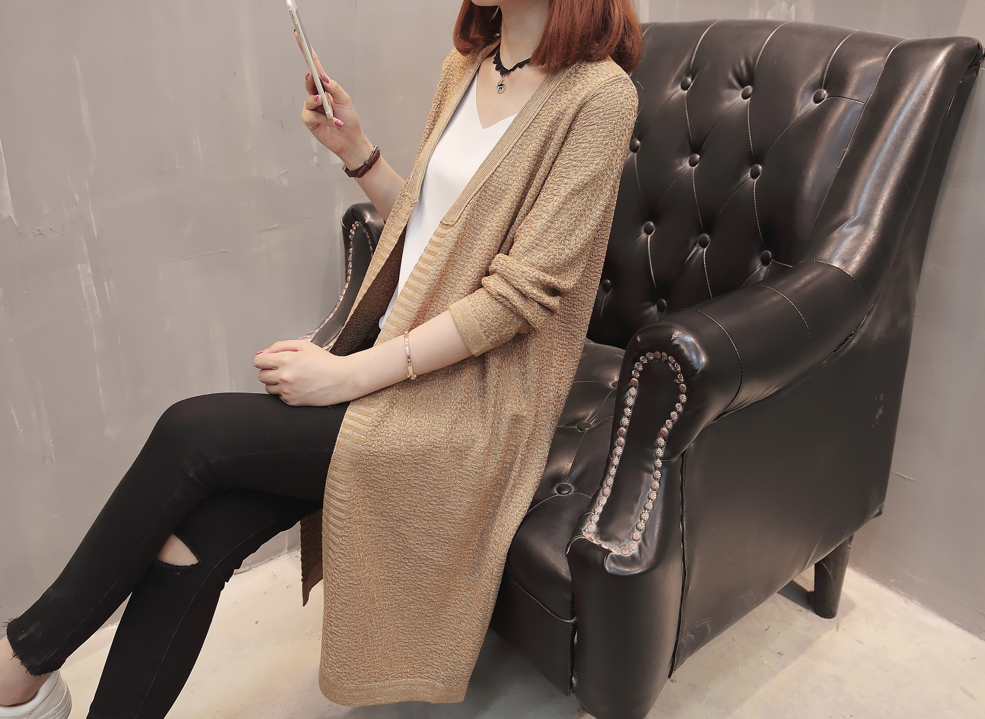 长款纯色秋季新款网红针织开衫女韩版外搭针织衫宽松百搭毛衣外套