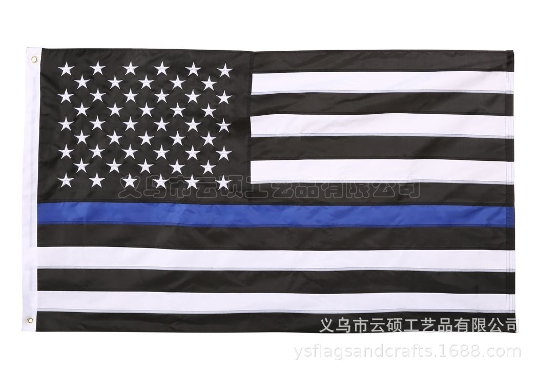 黑白蓝条美国国旗90*150cm 4号蓝条纹美国国旗 绣花美国国旗 现货