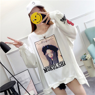 速卖通卫衣女秋冬季韩版宽松大码女装头像印花不规则女式薄款外套