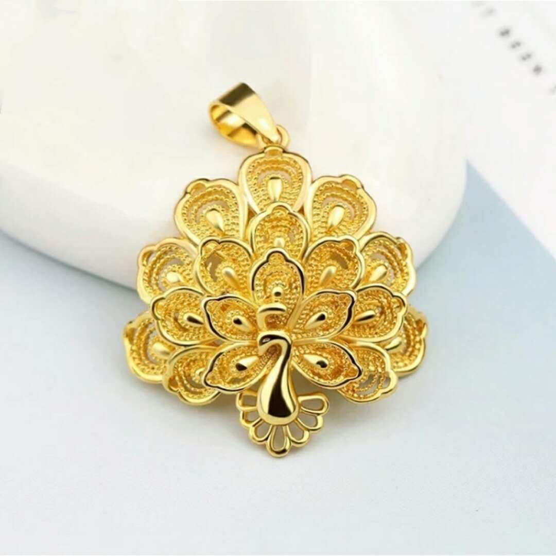 越南沙金开屏孔雀花吊坠  24k金电镀首饰锁骨项挂坠 仿黄金饰品