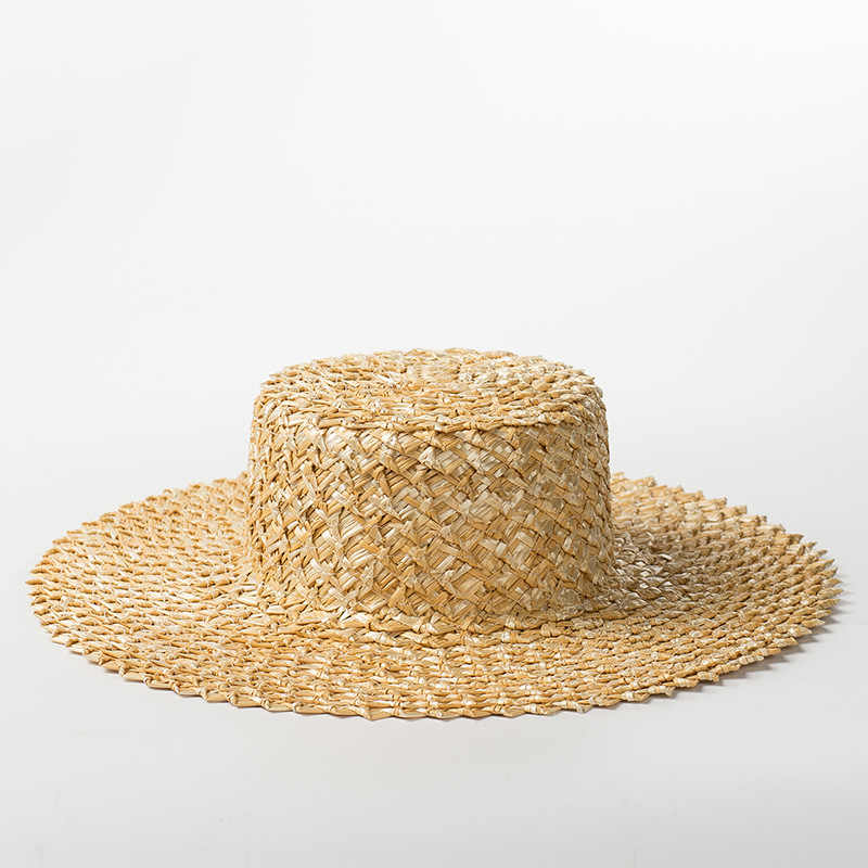 夏季新款手编织花边麦秆草平顶礼帽女士户外旅游遮阳防晒沙滩草帽