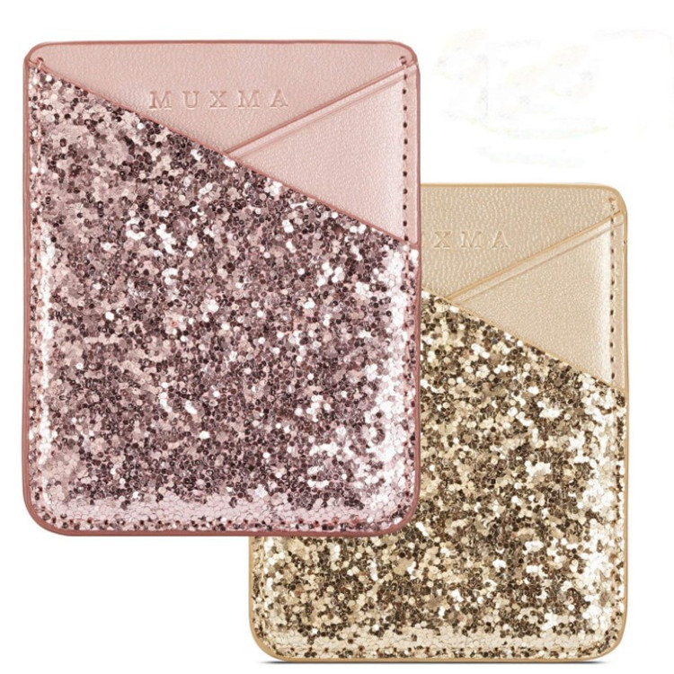 定制大亮片格利特闪光闪粉手机背贴卡贴 双层口袋皮革手机背贴