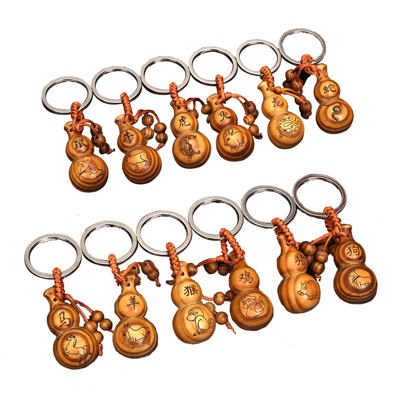 gourd zodiac keychain creative gift imitation peach wood safe keychain pendant lettering promotional items