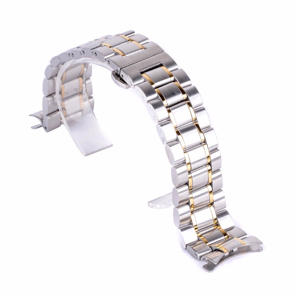 手表配件 男士不锈钢实心五珠表带金色 弧口钢表带蝴蝶扣20 22mm