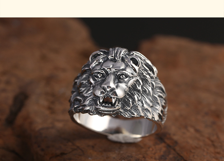 批发s925纯银饰品 泰银复古雄狮宽版戒指男款个性霸气狮子头戒指