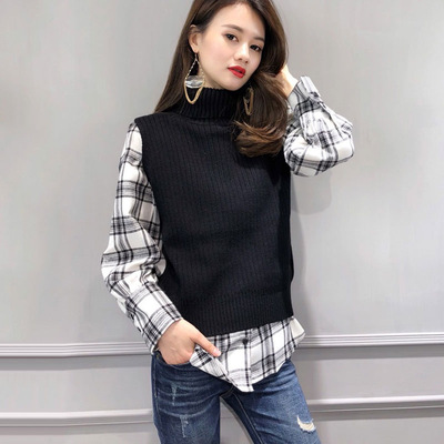 2018春款女装 新品帅气经典格子衬衫高领针织马甲两件套女式上衣