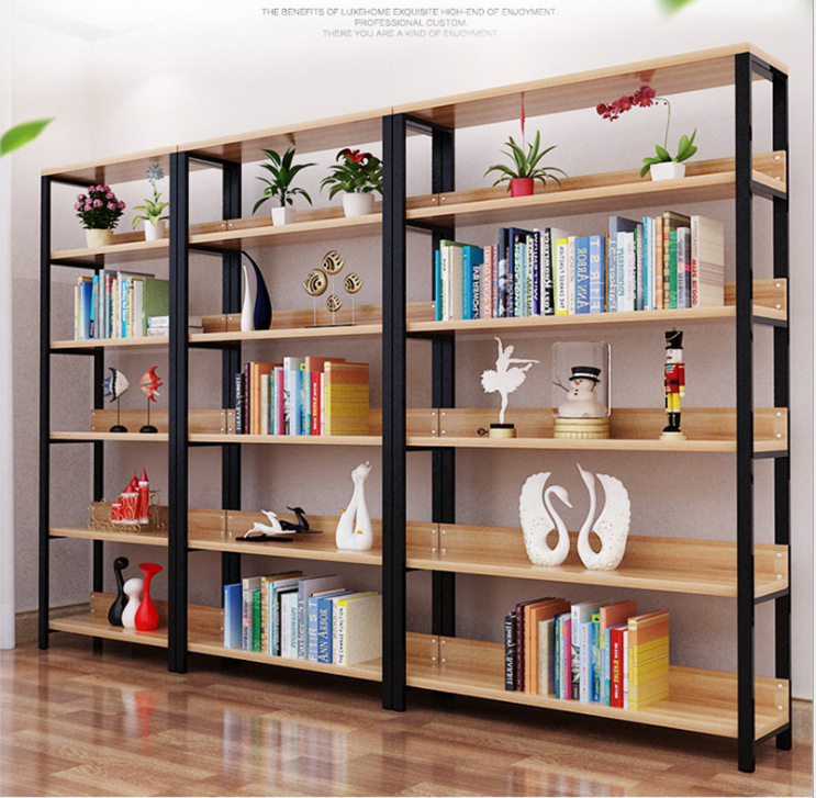 钢木书架简易铁艺货架墙上多层置物架落地客厅架子展示架书柜定制