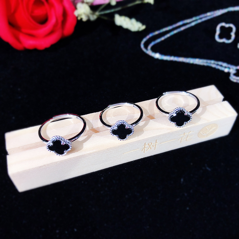日韩s925纯银幸运四叶草戒指简单时尚开口黑玛瑙指环可调节手饰品