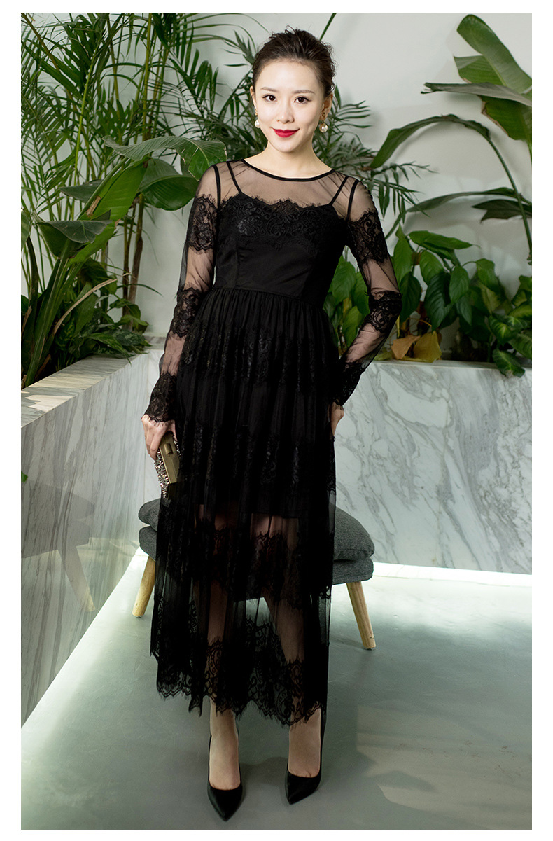 yigelila2018早春新款性感透视黑色修身显瘦蕾丝网纱连衣裙63465