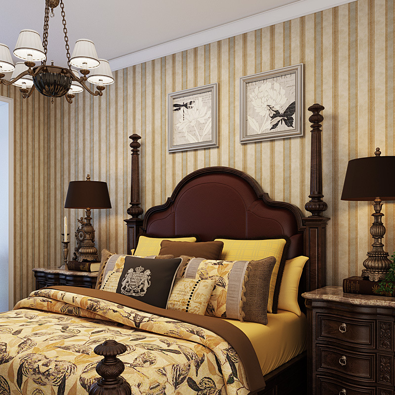 美式复古怀旧条纹无纺布纯纸壁纸 客厅卧室沙发别墅卧室背景墙纸