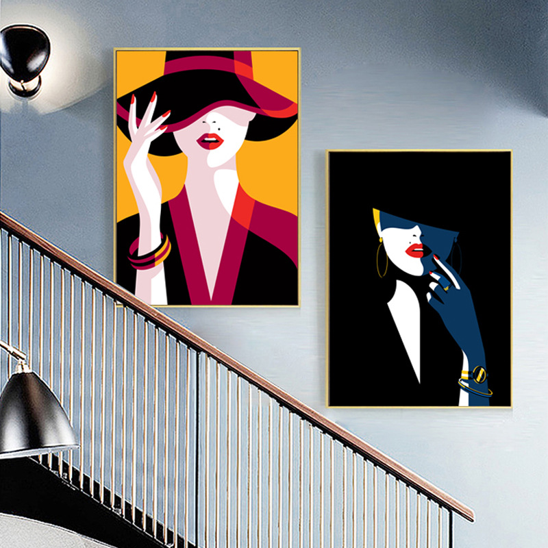 现代玄关装饰画时尚性感黑白人物画摩登女郎红唇艺术画卧室墙壁画