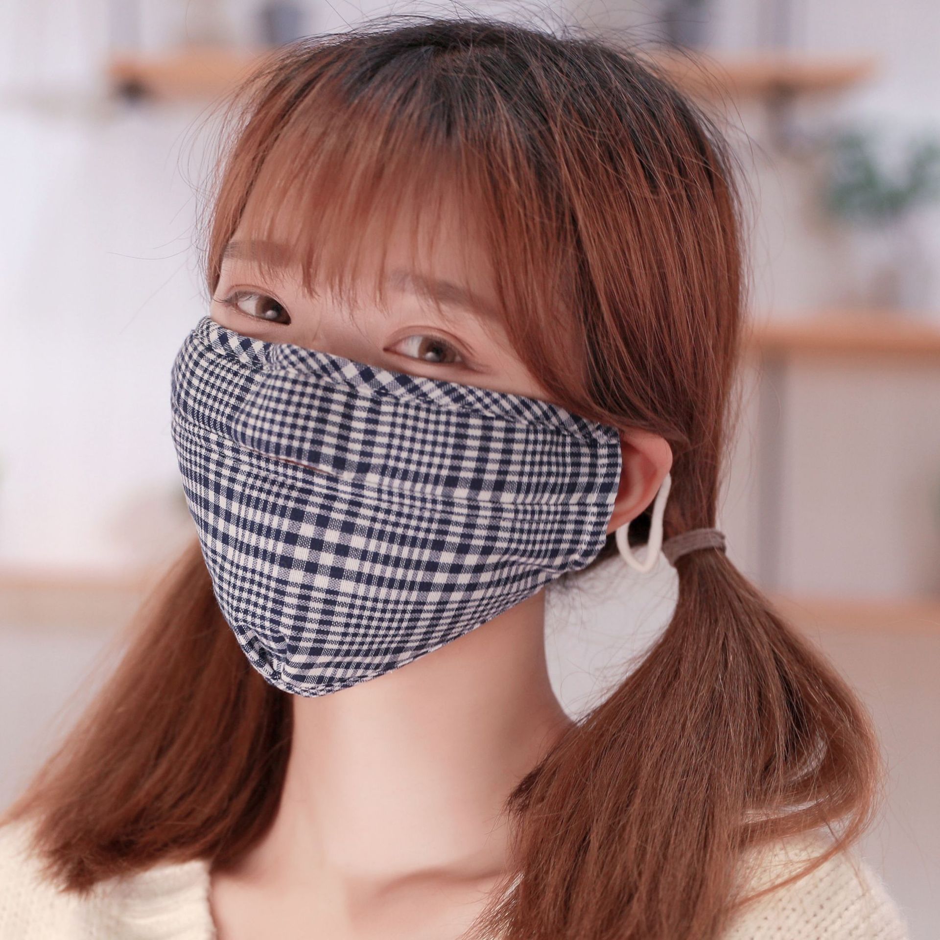 厂家批发定制女士冬季加厚保暖开口露鼻运动骑行防尘格子棉布口罩