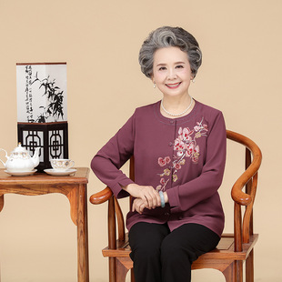 奶奶春秋长袖t恤老年人秋装女60-70岁80唐装套装老太太秋季两件套