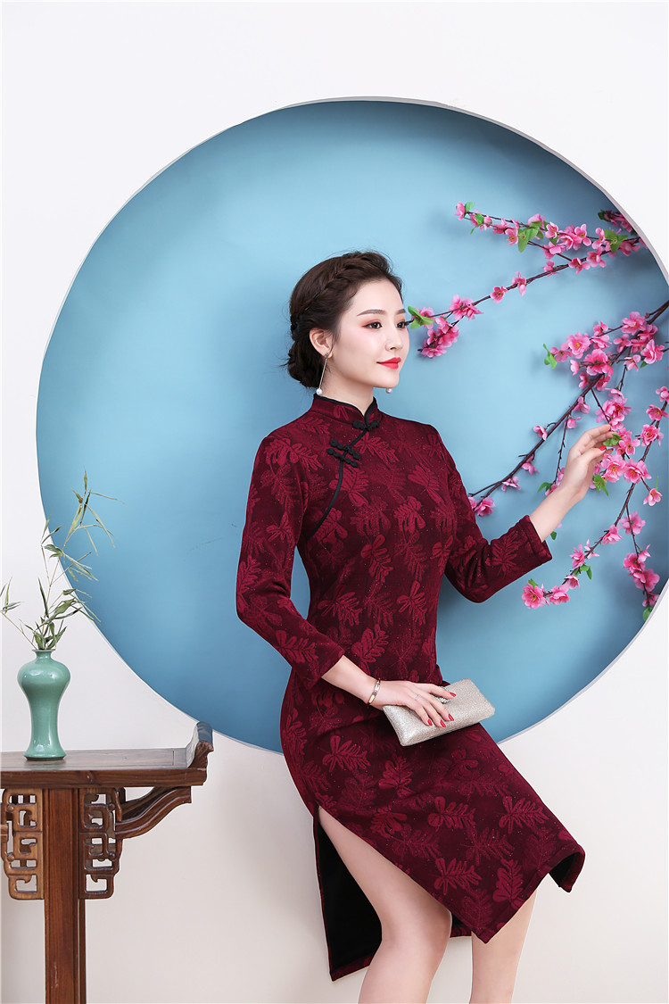 sky80加厚加绒冬款中长款长袖大码旗袍