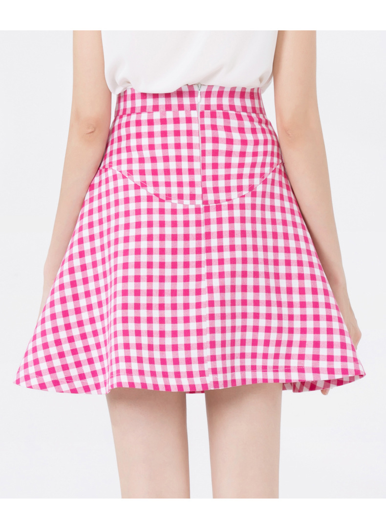 一件代发2020夏装新款高腰修身红白格子短裙拼接学生少女a字裙