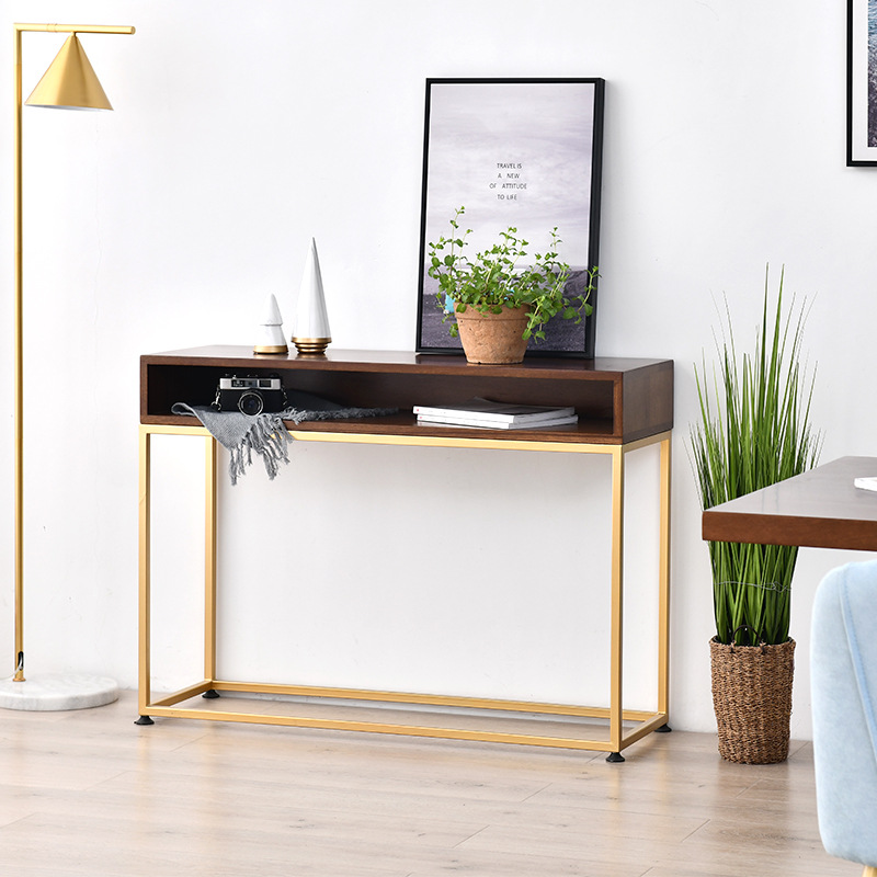 北欧铁艺实木玄关桌家用简约收纳置物玄关台原木靠墙双层长条桌