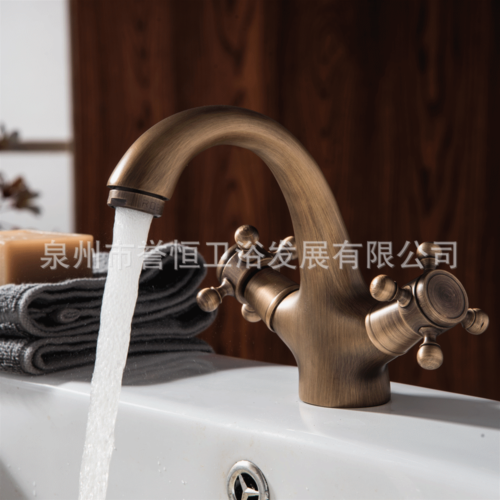 厂家跨境smt专供 仿古欧式黄铜单孔冷热拉丝面盆洗脸盆复古水龙头