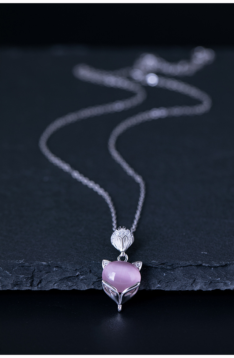 创意时尚设计s925银动物吊坠 韩版个性猫眼石狐狸项链短款锁骨链