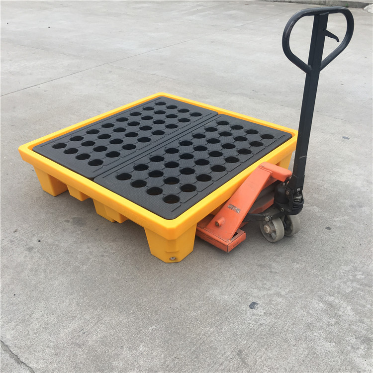 四面进叉车塑料防泄漏油桶搬运托盘叉车托盘四桶防漏托盘化学品用-阿