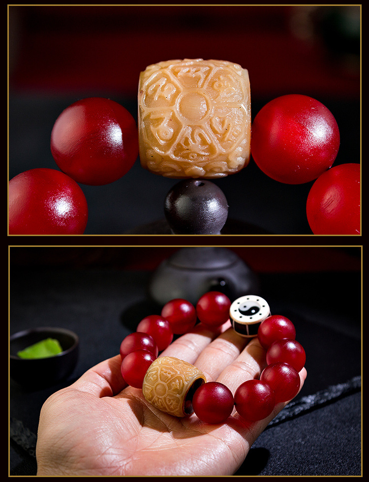 西藏老料满血红色羊角佛珠手串20mm做旧工艺男女士仿象牙象皮手链