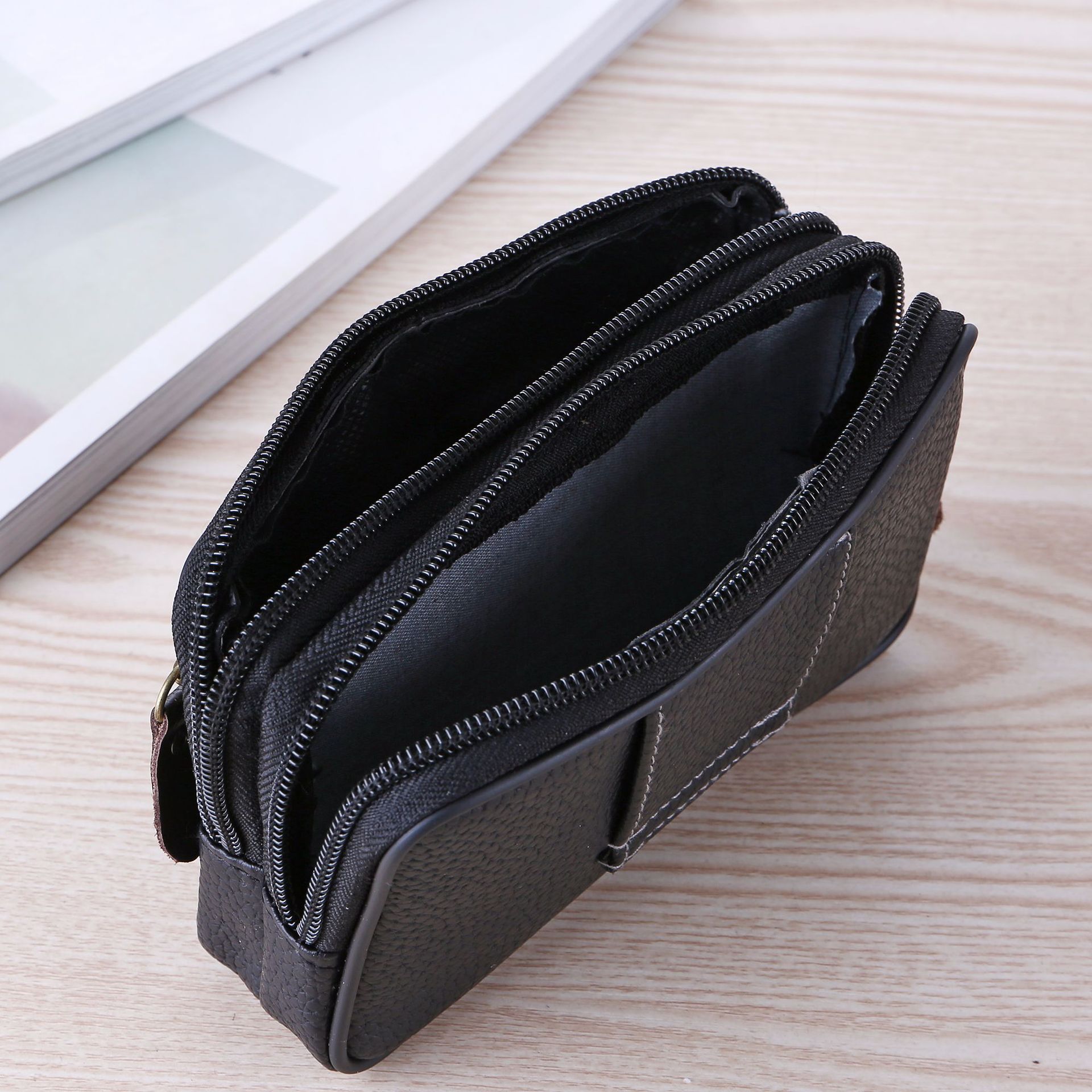 Men's Large-Space Zipper Leather Belt Bag Mobile Phone Bag Multi-Functional Double-Layer Soft Leather Belt Card Bag 6-Inch/6.5-Inch