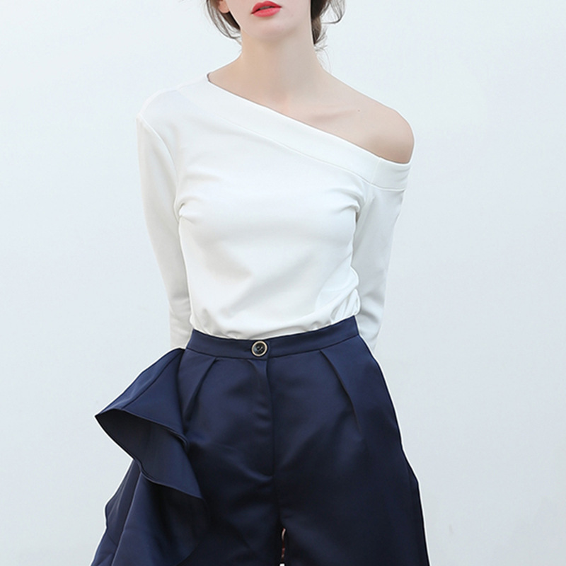 欧美跨境2022春季新款女装 时尚百搭斜肩款修身开叉长袖t恤上衣女