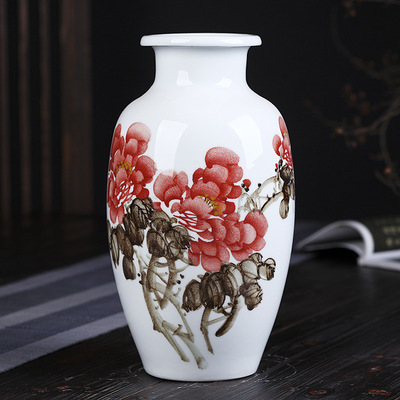 景德镇陶瓷器花瓶花器大师手绘牡丹花瓶新中式客厅电视柜酒柜摆件