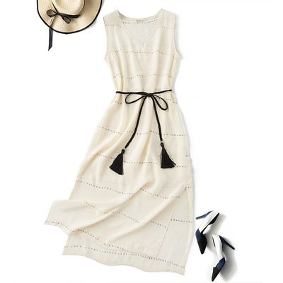 原创设计 重磅真丝米白色小点点连成条纹一线v领桑蚕丝无袖连衣裙