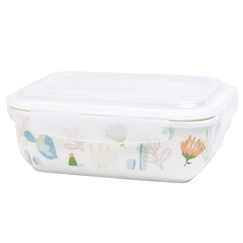 Ceramic Student Bento Box Lunch Box Separated Lunch Box Crisper Set Microwave Oven with Lid Sealed Box Freshness Bowl