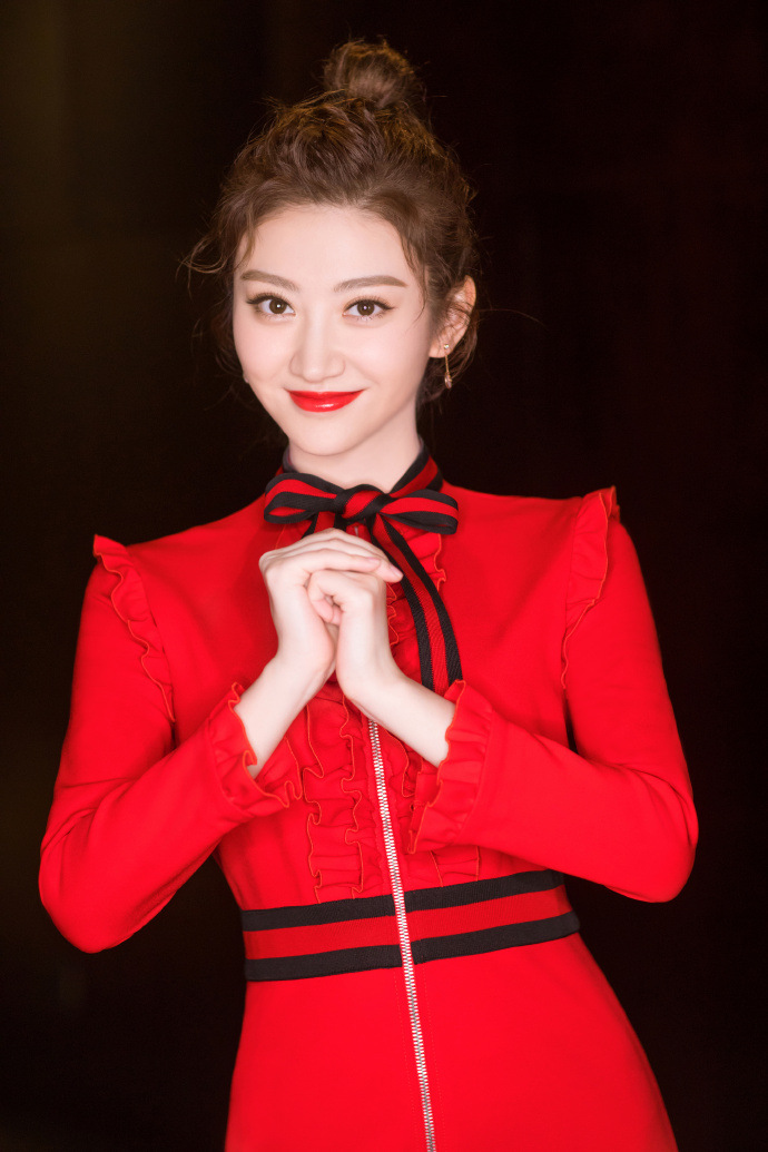 2018景甜明星同款红色蝴蝶结木耳边长袖修身显瘦礼服连衣裙63722