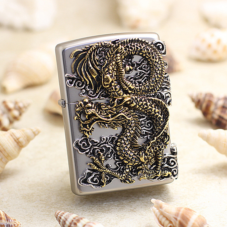 zippo打火机动物系祥龙在天贴章祥云龙银色zbt180b
